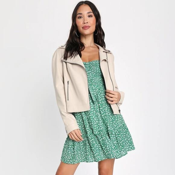 Lulu's Pretty Powerful Beige Vegan Leather Puff Sleeve Moto‎ Jacket XS NWT - Picture 1 of 16